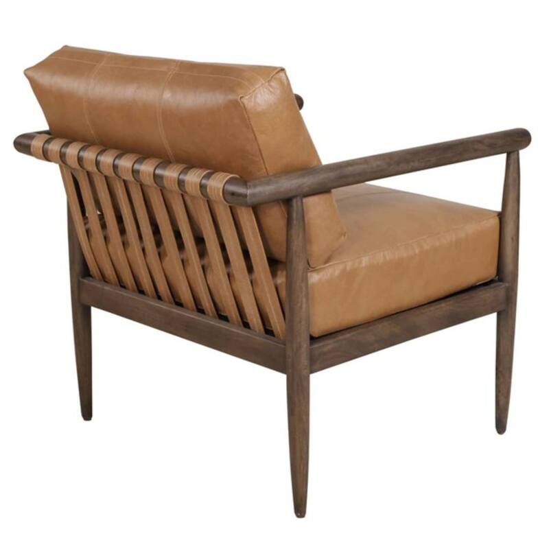 HomeRoots 28" Brown Genuine Leather and Solid Wood Arm Chair - 27.50 in. x 26.00 in. x 30.50 in.