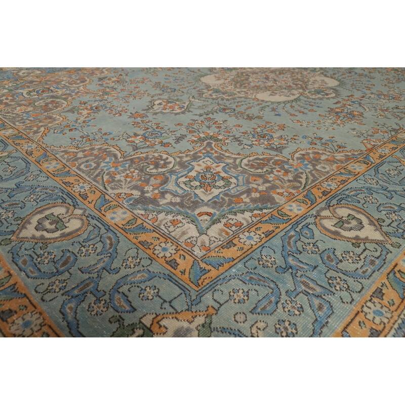 Light Blue Floral Tabriz Persian Rug Hand-Knotted Wool Carpet - 7'7"x 11'1"