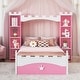preview thumbnail 1 of 17, Castle-Shaped Wooden Bed with Storage Shelf, Dreamy Twin Size Platform Bed for Kids Bedroom,Pink+ White Pink+White