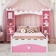 preview thumbnail 1 of 7, Twin Size Castle-Shaped Platform Bed, Wood Storage Bed with Storage Shelf, Wood Dreamy Bed Frame, Kids, Teens, Pink+White Pink+White - Twin