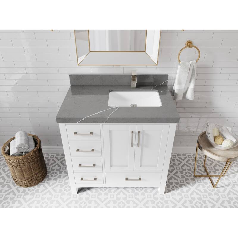 Willow Collections 36 in. W x 22 in. D Malibu Right Offset Sink Bathroom Vanity with Countertop - 2" Piatra Gray - White