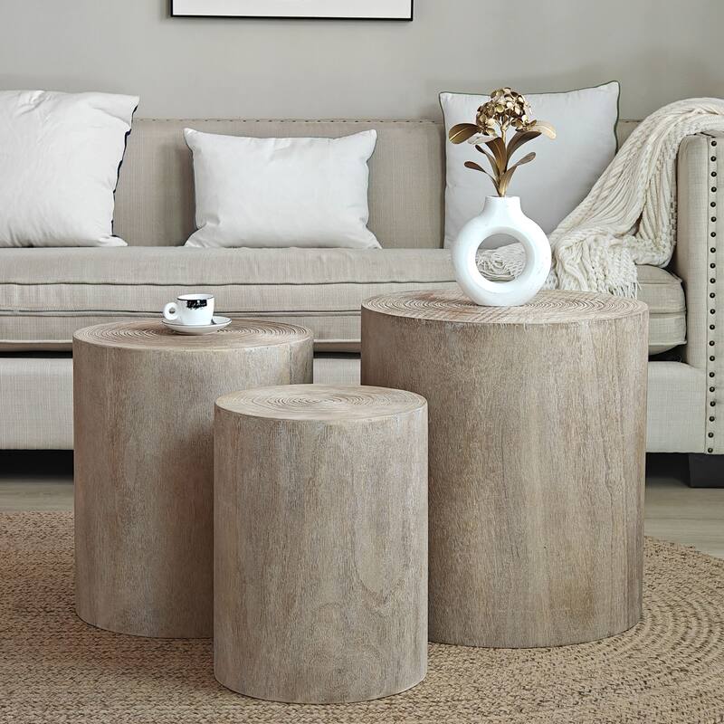 Roomfitters Round Wood Coffee Table Set of 3 with Natural Finish, Nesting Accent & Side Tables, Tree-Stump Design - Natural,Natural Wood,Natural Wood Wash