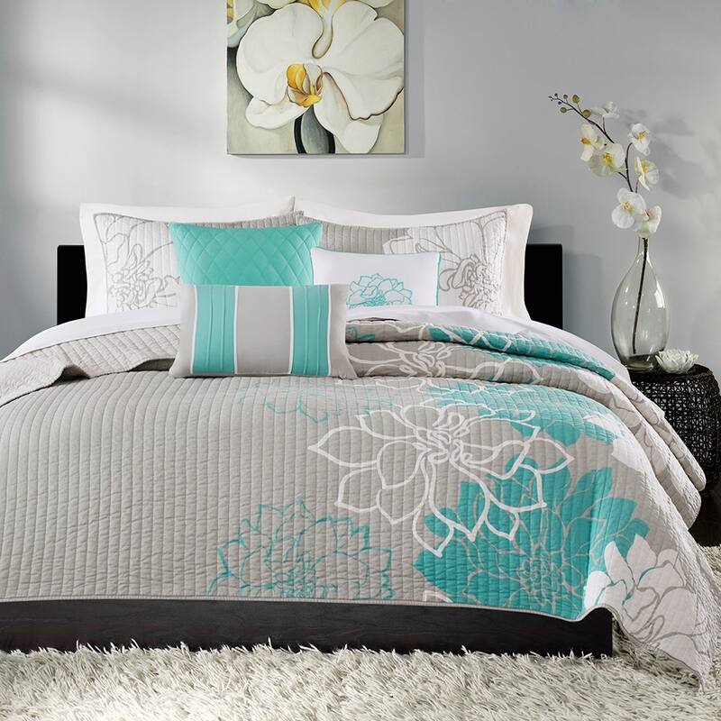GDF Studio - Lola Printed Cotton Reversible Quilt Set with Throw Pillows - Teal Floral (King/Cal King)