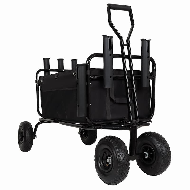 Fishing Cart Beach Cart Collapsible Wagon w/11'' All-Terrain Wheels for Sand, Heavy Duty Garden Cart with Rod Holders