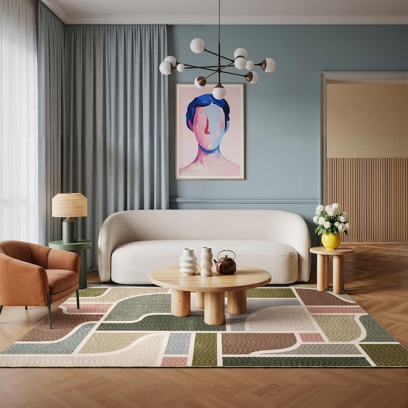 Tobias Mid-Century Modern Green/ Multi Area Rug - 3' 9" x 5' 2" - Rectangle