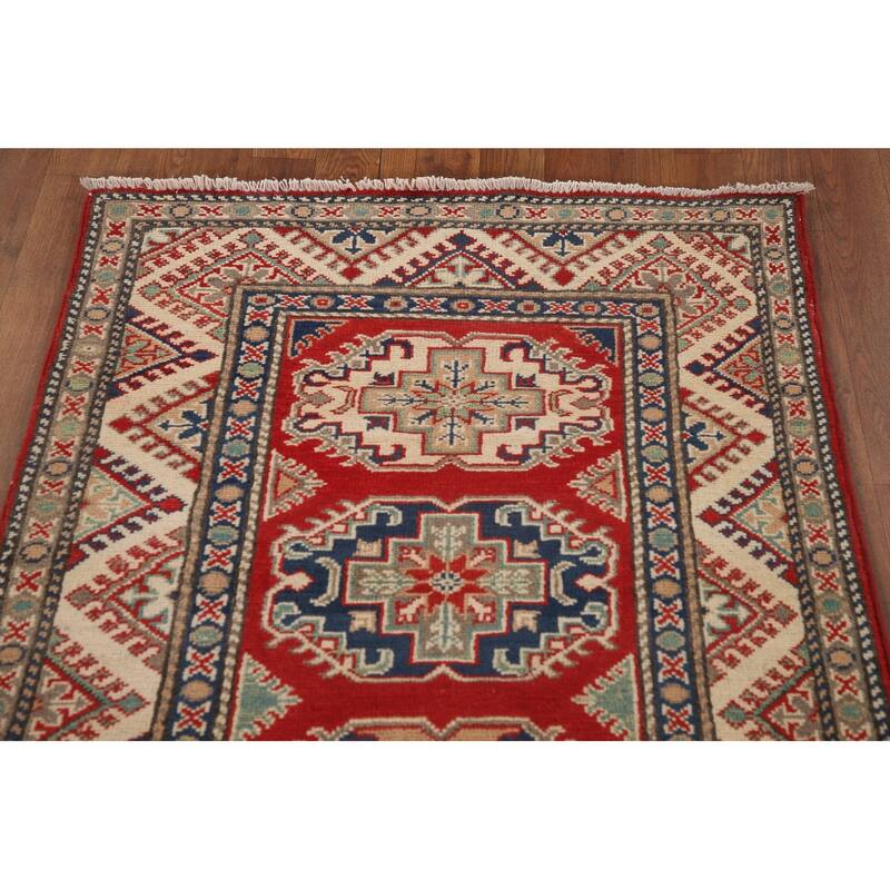 Geometric Red Kazak Runner Rug Handmade Oriental Wool Carpet - 2'9" x 10'8"