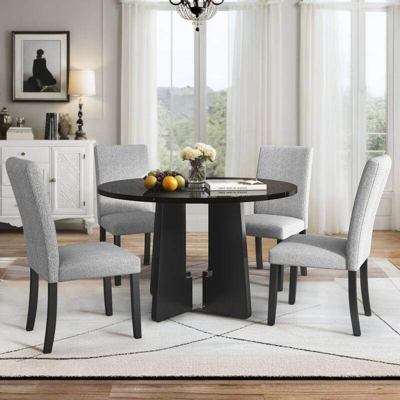 5 Pcs Wood Kitchen Table and Chair Set, 4 People Round Dining Table Set with Faux Marble Top and 4 Upholstered Chairs - Grey+Black