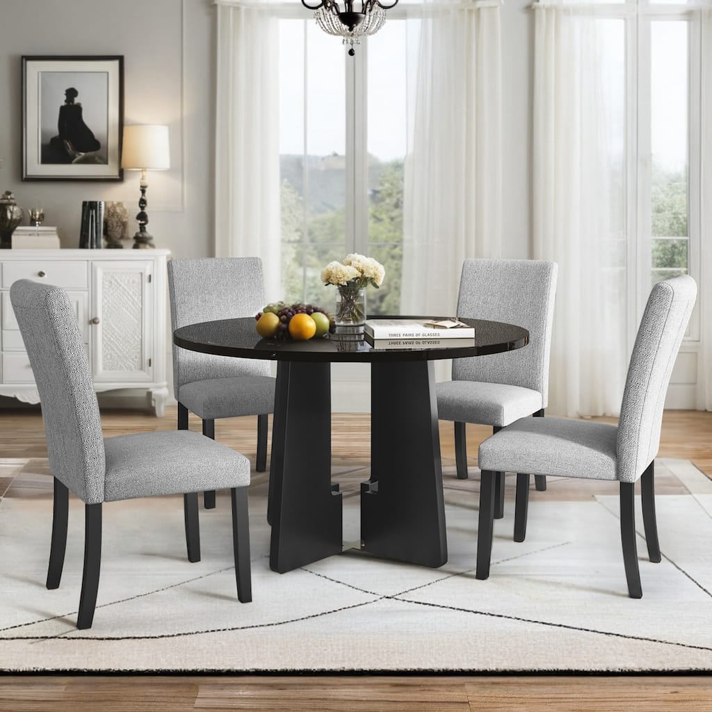 5-Piece Round Dining Table Set with Marble Veneer Table & Upholstered Chairs, Kitchen Set H-shape Legs, Adjustable Feet