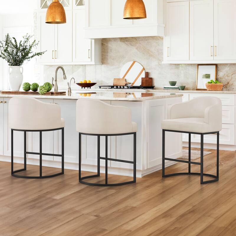 26.in Modern Set of 3 Barstool Fabric/Leather Upholstered Counter Height Stool with Metal Frame for Kitchen Island - Ivory/Faux Leather