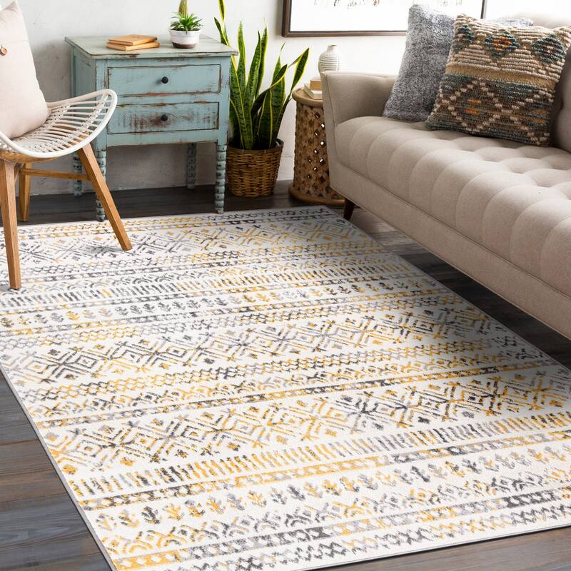 World Rug Gallery Distressed Boho Geometric Modern Area Rug - 7'10"x10' - Yellow - Runner/Rectangle