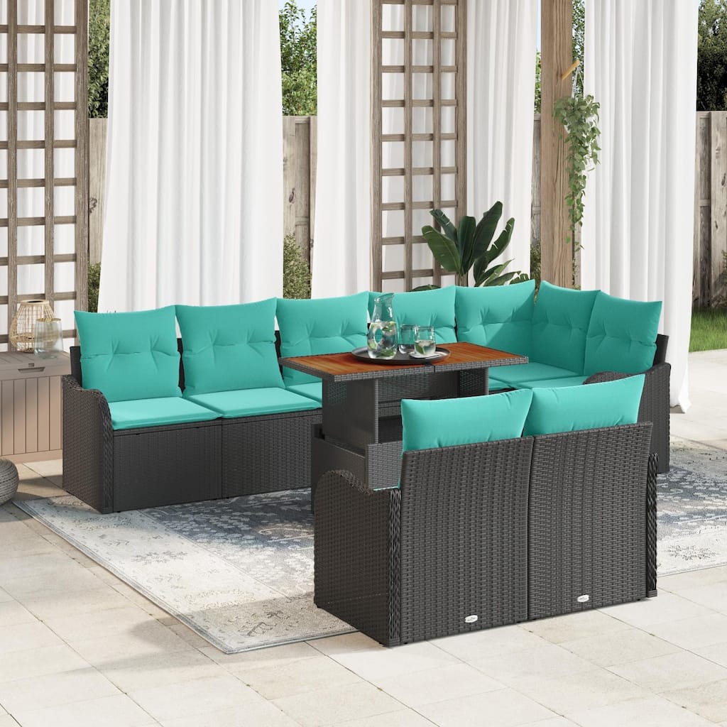 vidaXL 9 Piece Garden Sofa Set with Cushions in Black Poly Rattan - 113.2×48.2×27.2