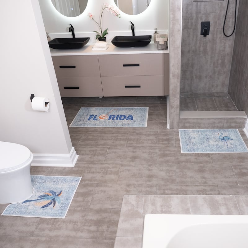 US States Design 3 Piece Bathroom Rugs Set - Non-Slip Ultra Thin Bath Rugs for Bathroom Floor - Washable Bathroom Mats Set
