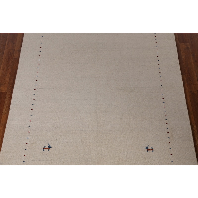 Tribal Gabbeh Indian Rug Hand-Knotted Beige Oriental Wool Carpet - 4'4" x 6'1"