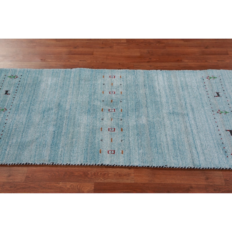 Hand Knotted Oriental 100% Wool Carpet Tribal Animal Pictorial Navy Blue & Blues Gabbeh Runner Rug - 9' 11'' X 2' 9''