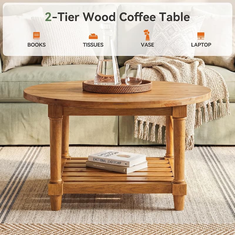 Round Coffee Tables for Living Room, 31.5" Solid Wood Farmhouse Circle Center Table - 31.5" W × 31.5" D × 19.69" H