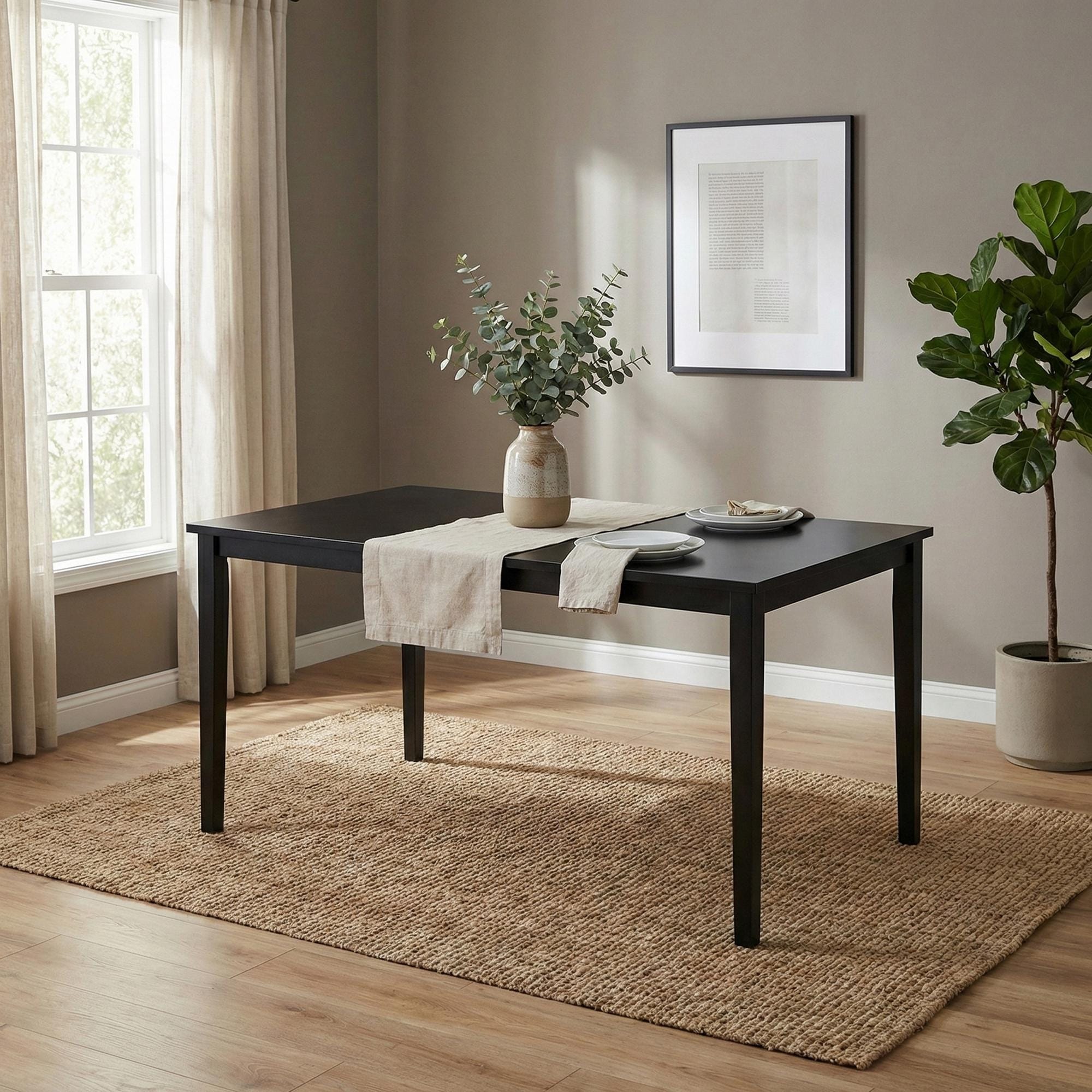 Modern 59 Inch Rectangular Dining Table, Black, White or Oak Finish, Solid Rubberwood