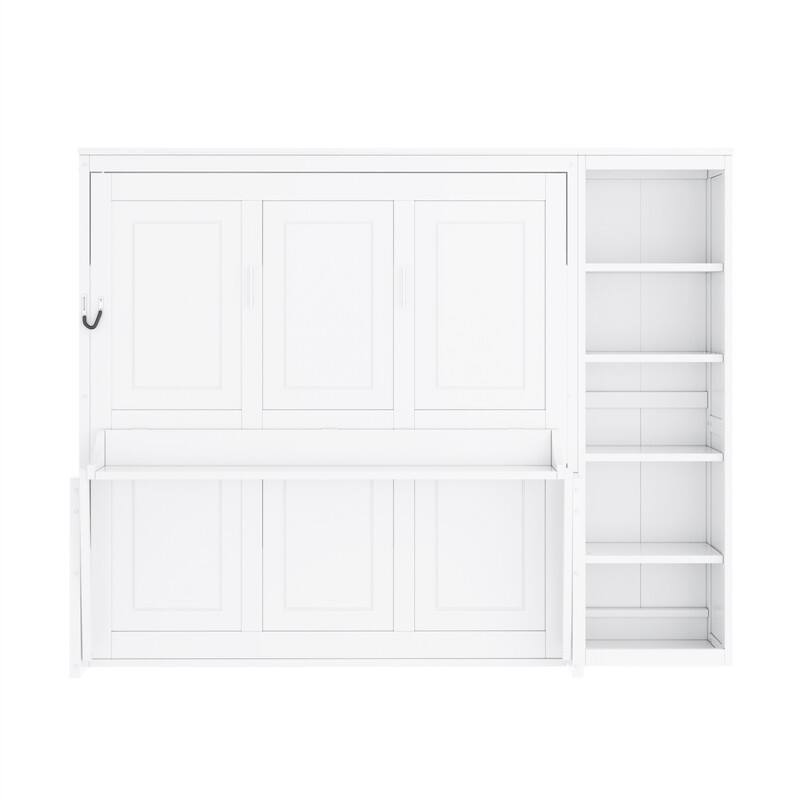 Full/Queen Size Murphy Bed with Bulit-in Desk and Bookshelf, Foldable Murphy Cabinet Bed with Open Storage Shelves