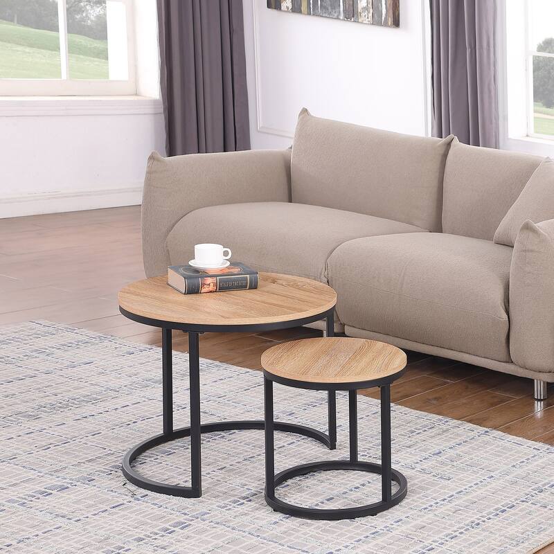 24" Round Nesting Table, Accent Coffee Table, Natural Oak Wood Finish, Space-Saving, Modern Industrial Style