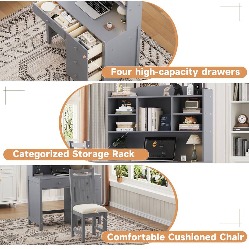 40'' Home Executive Desk and Upholstered Chair Set with Bookshelf, Computer Desk with Four Drawers