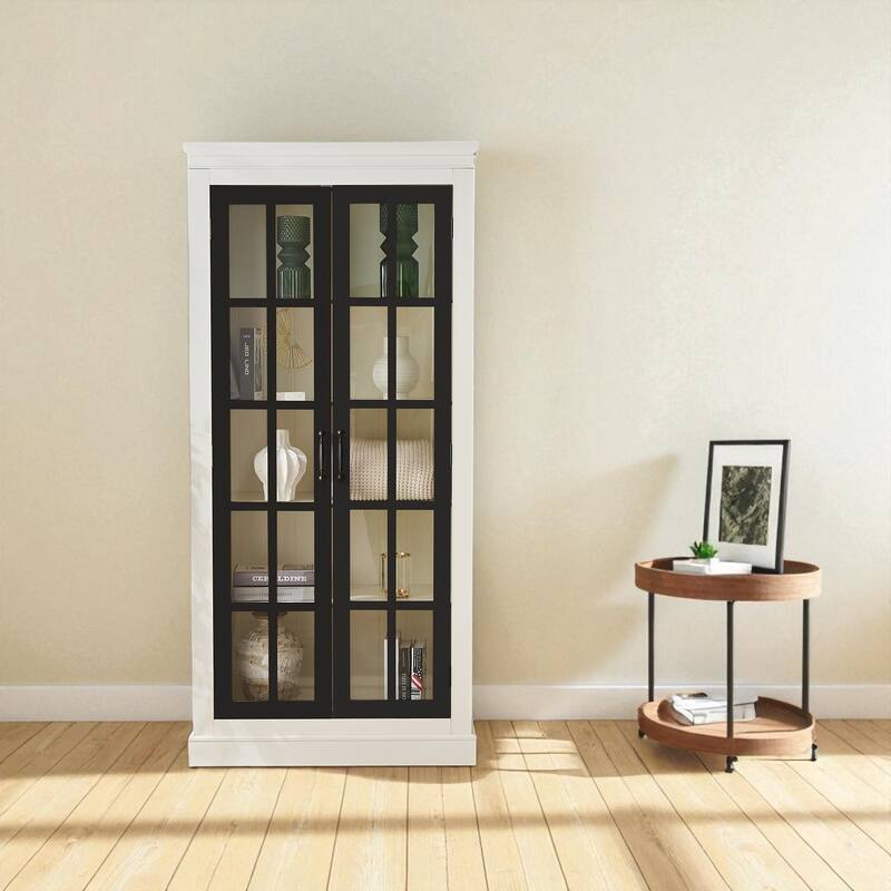 71.2" Farmhouse Pantry Cabinet with Glass Doors, Adjustable Shelves, and Lattice Window Display - White Balck