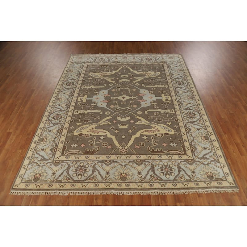 Earth Tone Oushak Indian Area Rug Hand-Knotted Brown Wool Carpet - 8'1" x 10'0"