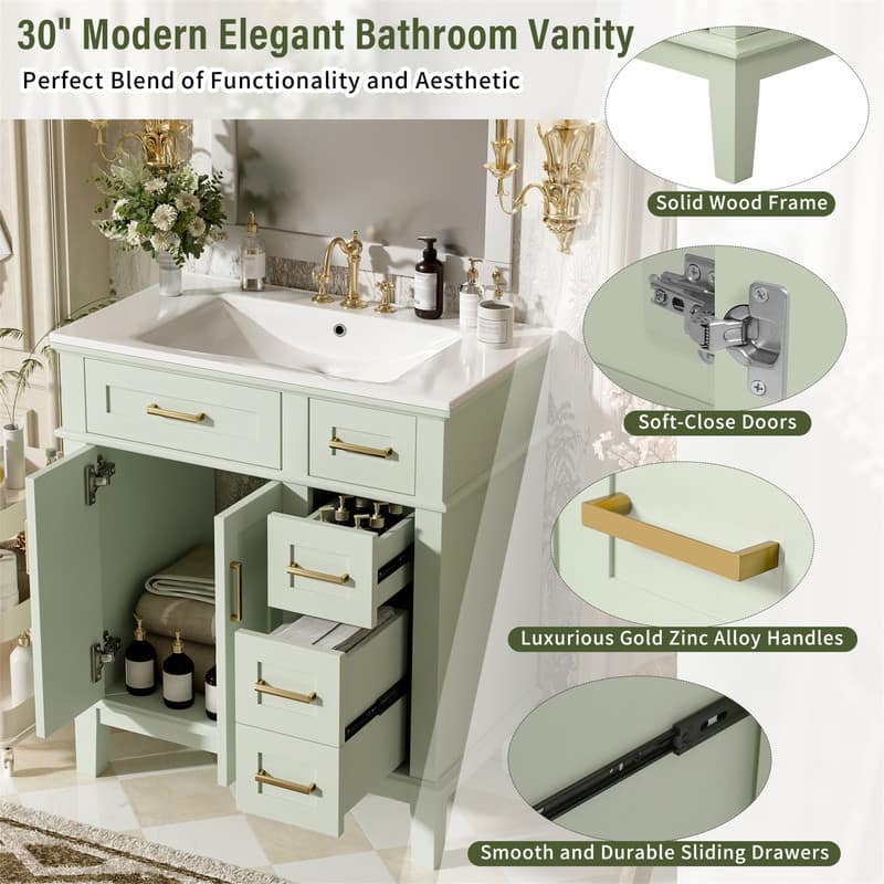 30" Bathroom Vanity with Ceramic Sink, Modern Bathroom Storage Cabinet with Soft-Close Doors, Deep Drawer & Standard Drawer