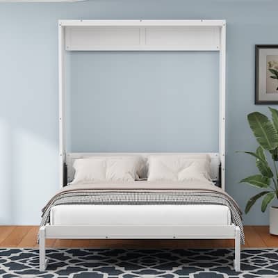 Full Size Murphy Bed,61.5-inch Cabinet Bed Folding Wall Bed with Desk Combo Perfect for Guest Room, Study, Office, White