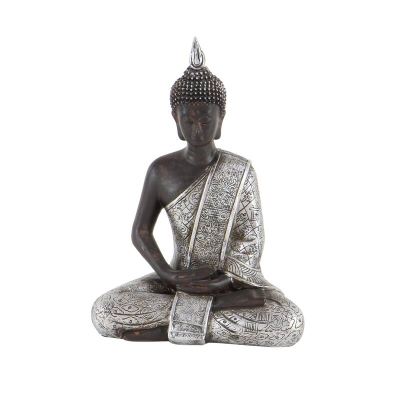 Black Polystone Meditating Buddha Decorative Sculpture with Engraved Carvings and Relief Detailing - 6 x 4 x 8