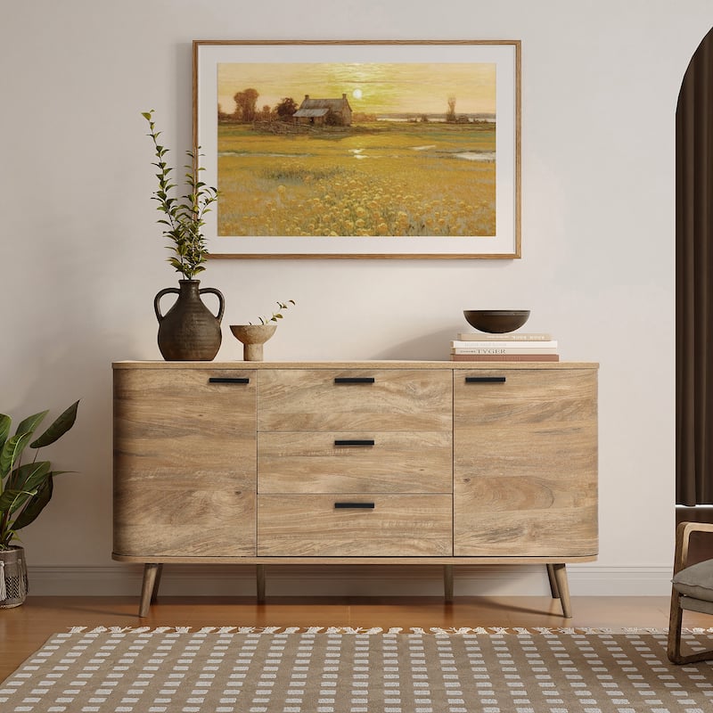 Natural Oak Manufactured Wood 2-Door and 3-Drawer Sideboard Cabinet - 59.1" Wide