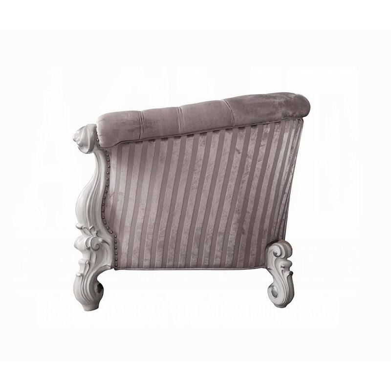 Kai Accent Chair, 2 Pillows, Tufted Ivory Fabric, Scrolled, White Wood
