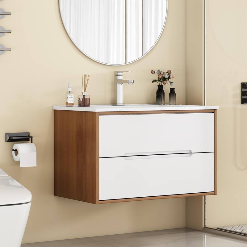 32 Inch Floating Bathroom Vanity with Sink & Double Drawers, Wall-Mounted Bathroom Vanity Base with Ceramic Basin