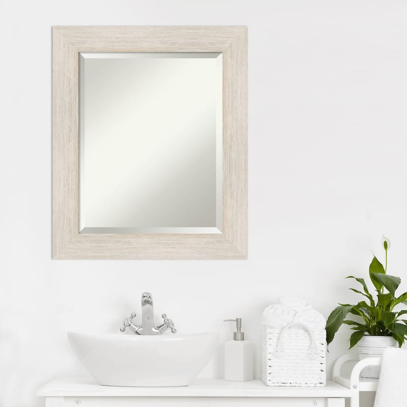 Beveled Wood Bathroom Wall Mirror - Hardwood Whitewash Frame - Hardwood White Wash
