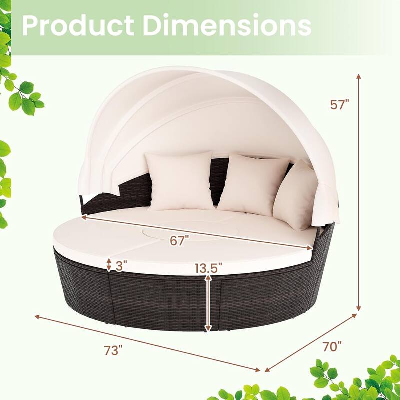 Round Outdoor Daybed Wicker Rattan Clamshell Patio Day Bed w/ Canopy