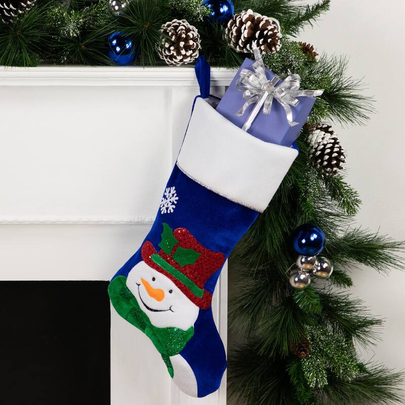 20" Dark Blue Embroidered Velveteen Snowman Stocking White Cuff