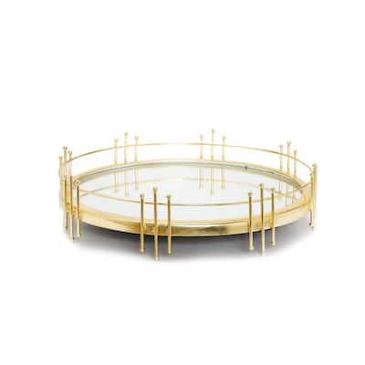 14"D Round Mirror Tray with Gold Symmetrical Design