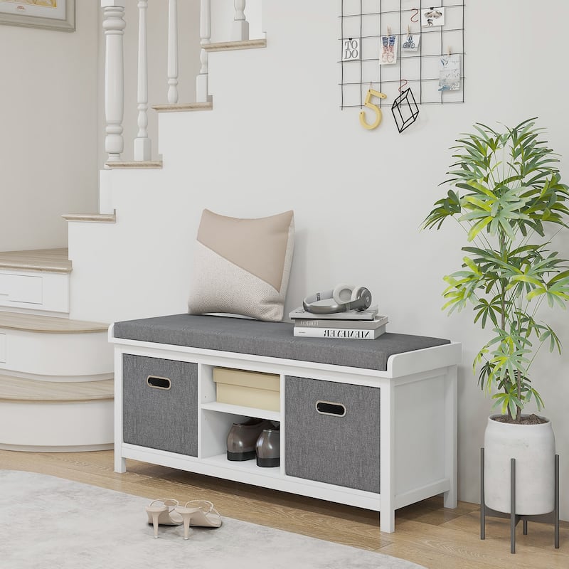 White-Grey Shoe Bench with Linen Cushion and 2 Fabric Drawers 3-Level Adjustable Storage - 41.3" W x 13.8" D x 18.5" H