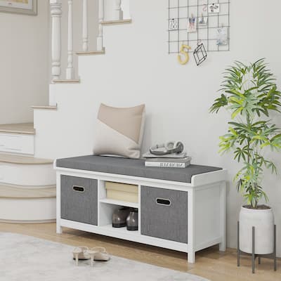 White-Grey Shoe Bench with Linen Cushion and 2 Fabric Drawers 3-Level Adjustable Storage - 41.3" W x 13.8" D x 18.5" H