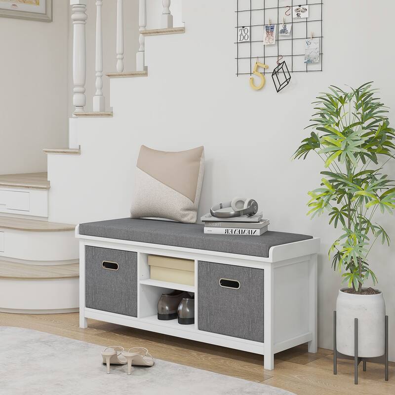 Upholstered Seat Storage Bench with Adjustable Shelves, White Gray Shoe Bench Entry Footrest Bench with Fabric Drawer