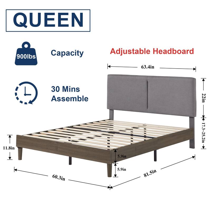 Javlergo Upholstered Bed Frame with Linen Fabric Adjustable Headboard, Strong Wood Slats Supports, No Box Spring Needed