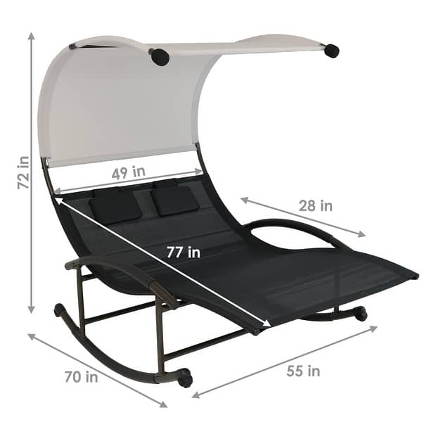 Sunnydaze Double Chaise Rocking Lounge with Canopy and Headrest Pillows - Black