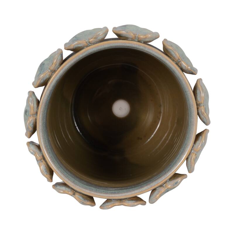 Stoneware Ceramic Planter Handcrafted Sculpted Leaf Embellishments