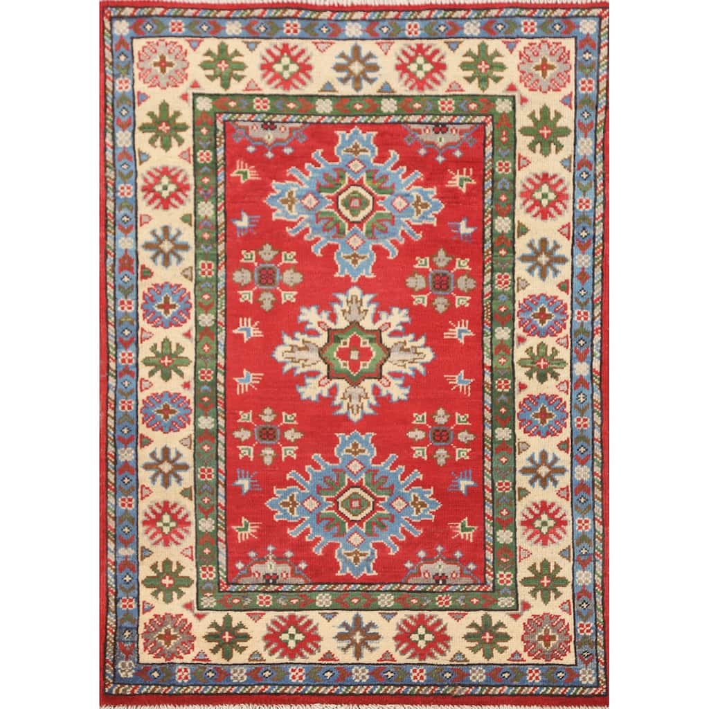 Geometric Red Kazak Accent Rug Handmade Wool Carpet - 2'9" x 3'11"