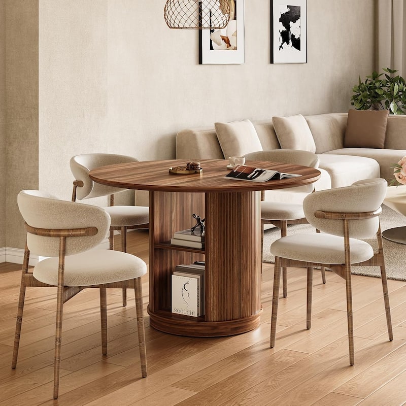 48-Inch Brown MDF 3-Tier Round Dining Table for 4-6, Farmhouse Kitchen Table with Storage Shelves