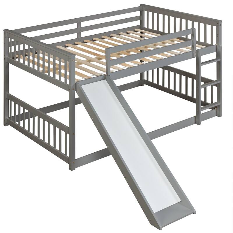 Grey Full Over Full Bunk Bed with Slide and Ladder, Solid Pine Wood Frame, No Box Spring Needed