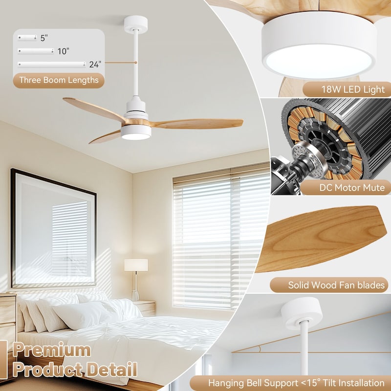 Sofucor 52-inch Solid Wood Ceiling Fan with LED Light,Remote Control Included,Reversible,Quiet and Powerful