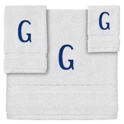 3-Piece Letter G Monogrammed Bath Towels Set, Embroidered Initial G Wedding Gift (White, Blue)
