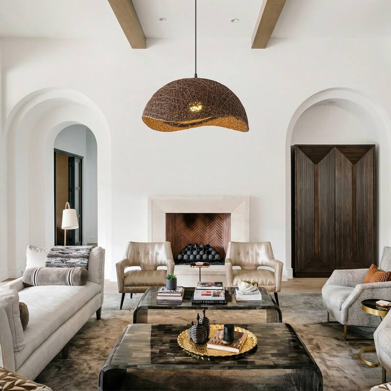 1-Light Boho Brown Rattan Hand-Woven Cloche Hanging Basket Pendant Light - 20.47" W x 12.59" H