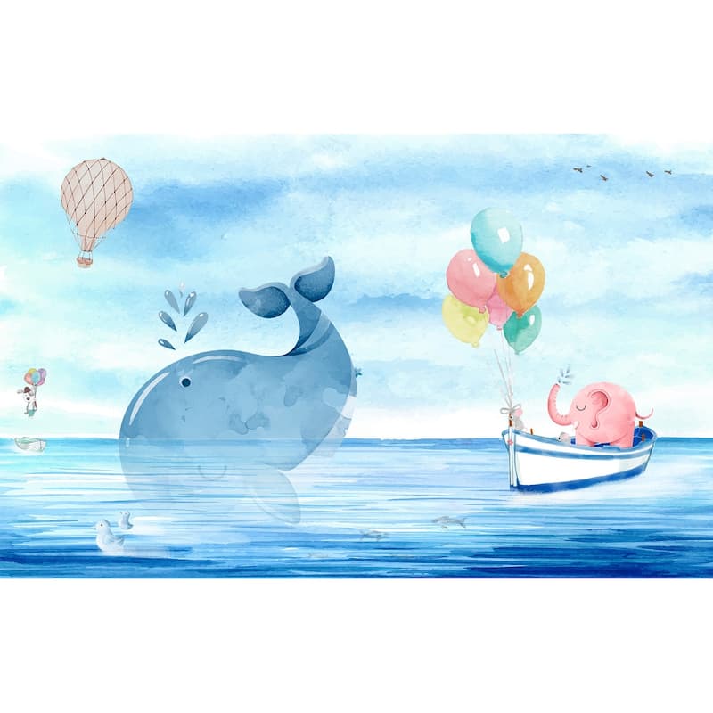 GK Wall Design Cartoon Sea Pink Elephant With Cute Whale Removable Wallpaper