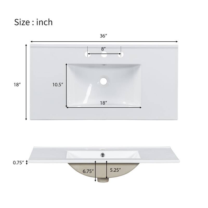 36'' Bathroom Vanity with Ceramic Sink Top, Bathroom Storage Cabinet with 2 Soft Close Doors, 3 Drawers and Adjustable Shelf