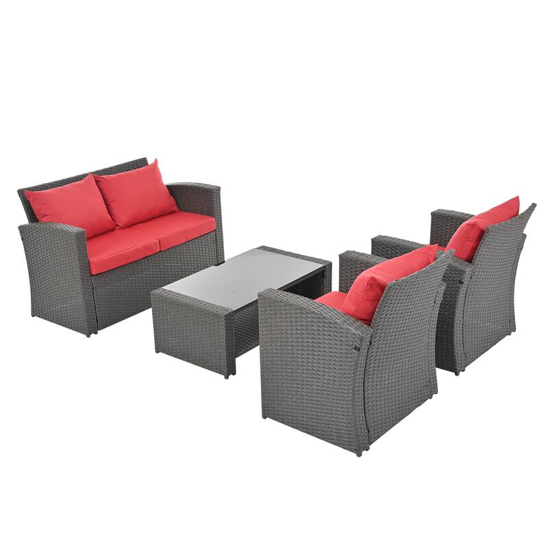 Dark Grey Patio Furniture Set with PE Wicker Sofa, Chairs, and Tempered